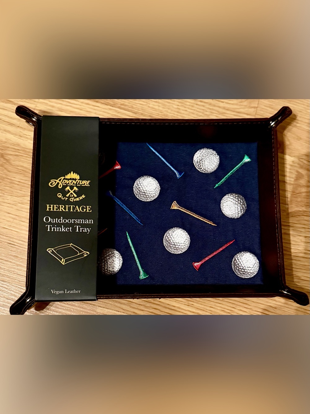 Adventure Out There Heritage Navy Pocket Square with Multicolor Golf Embroidery.